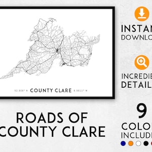 County Clare Karte Druck, County Clare Print, Irland Karte, County Clare Poster, County Clare Wandkunst, County Clare Kunst, Irland Druck