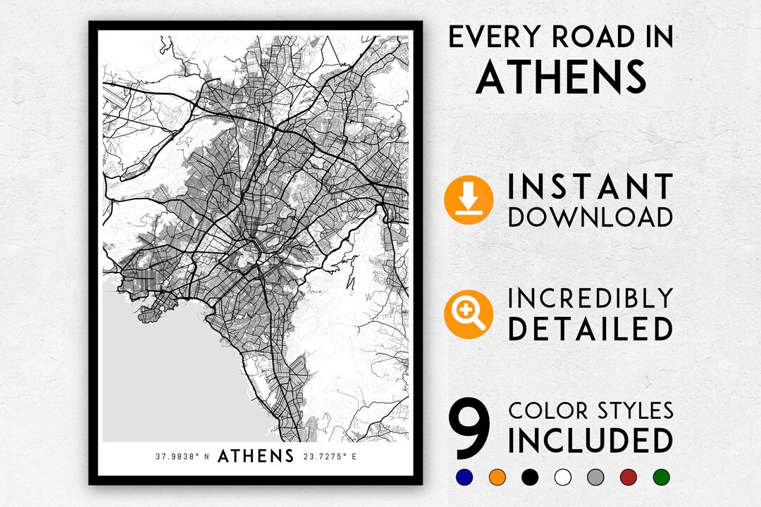 Athens City Map Art Print: Detailed Greece Wall Art (digital Download ...