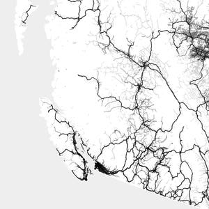 May include: Black and white map of a region with a network of roads and highways. The map shows a coastal area with a large body of water.