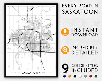 Impresión artística del mapa de la ciudad de Saskatoon: calles detalladas (descarga digital)