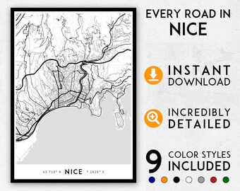 Detailreiche Karte von Nizza Frankreich Kunstdruck: Küstenlandschaft (Digitaler Download)