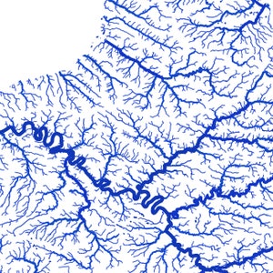 May include: A detailed map of a river system, rendered in blue against a white background. The intricate network of waterways, including major rivers and smaller tributaries, creates a complex, organic pattern. The map is a visual representation of a geographical area.