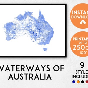 Wasserwege von Australien Karte Druck, Australien Poster, Australien Karte, Australien Wandkunst, Flüsse von Australien Kunstdruck