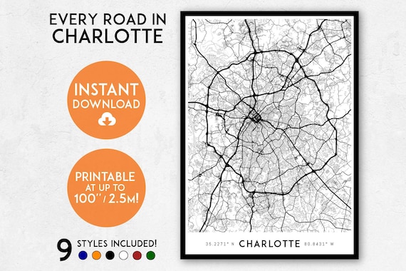 Charlotte Map Print Printable Charlotte Map Art Charlotte - Etsy