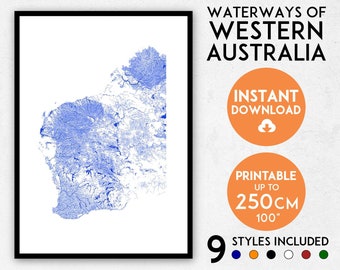 Mapa artístico de Australia Occidental: Impresión detallada del río WA (descarga digital)