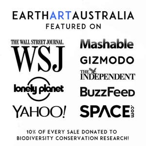 May include: Black and white text on a white background. The text reads "EARTHARTAUSTRALIA FEATURED ON" and lists publications including The Wall Street Journal, Mashable, Gizmodo, The Independent, BuzzFeed, Yahoo!, and Space.com. The text also states "10% of every sale donated to biodiversity conservation research!"