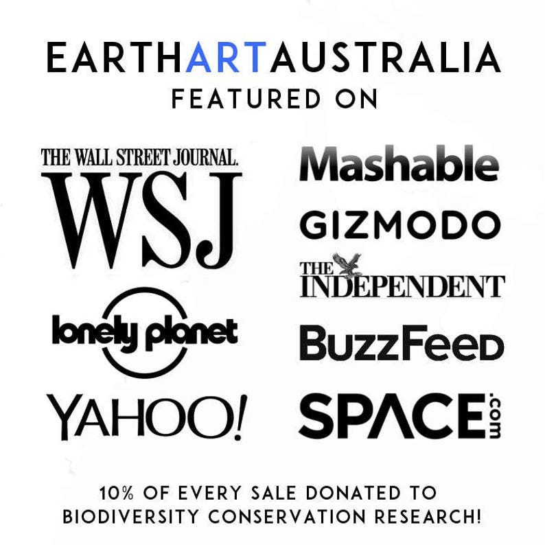 May include: Black and white text on a white background. The text reads "EARTHARTAUSTRALIA FEATURED ON" and lists publications including The Wall Street Journal, Mashable, Gizmodo, The Independent, BuzzFeed, Yahoo!, and Space.com. The text also states "10% of every sale donated to biodiversity conservation research!"