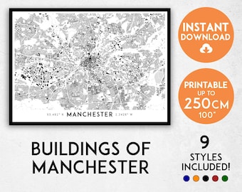 Impresión del mapa del Manchester City: siluetas detalladas de edificios (descarga digital)