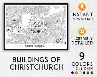 Wydruk mapy miasta Christchurch: szczegółowe sylwetki budynków (wersja cyfrowa do pobrania)