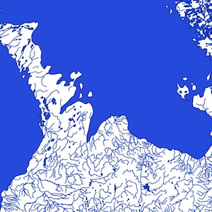 Peut inclure: Une carte bleue d'un syst&egrave;me fluvial avec des lignes blanches montrant le cours des rivi&egrave;res.