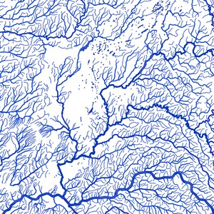 May include: A blue and white abstract pattern of lines and dots, resembling a river system or a network of veins.
