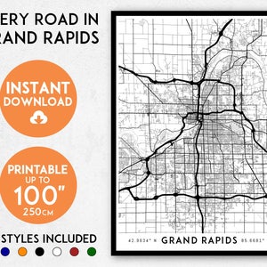 May include: A black and white map of Grand Rapids, Michigan, showing all the roads. The map is printable up to 100 inches (250 cm) and includes 9 different styles.