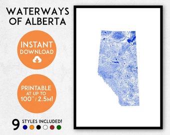 Alberta Rivers Map Art Print: gedetailleerde waterwegen van Canada (digitale download)