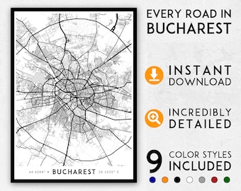 Bucharest map print, Bucharest print, Bucharest city map, Romania map, Bucharest poster, Bucharest wall art, Map of Bucharest, Bucharest art