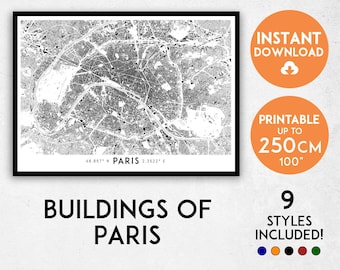Afdruk stadsplattegrond Parijs: gedetailleerde silhouetten van gebouwen (digitale download)