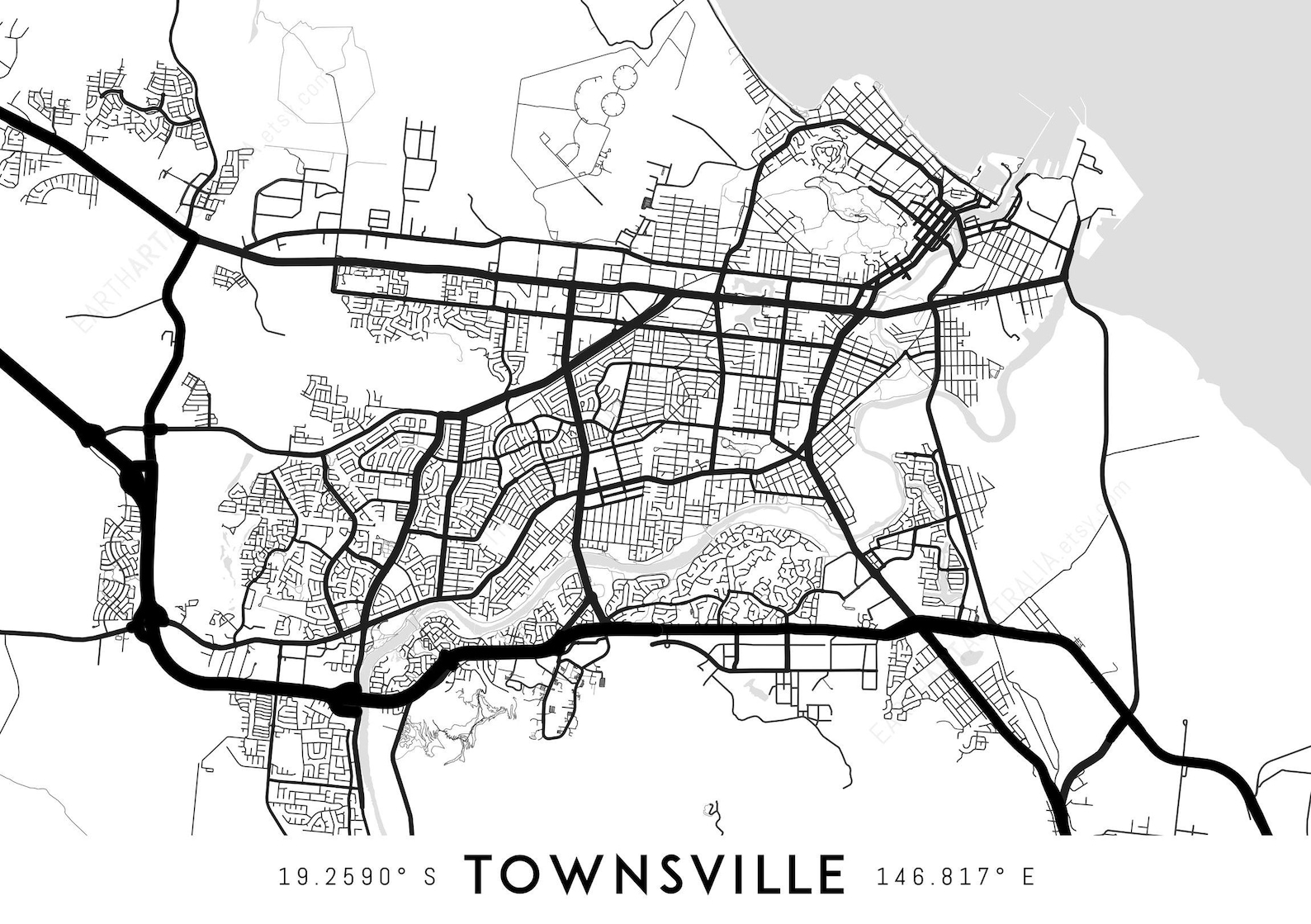 Townsville Map Print, Townsville Print, Townsville City Map, Townsville Poster, Townsville Wall