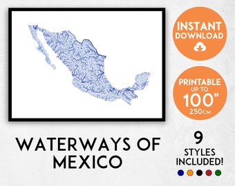 Mexico Map Print: Detailed Rivers & Waterways (Digital Download)