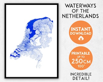 Netherlands Map Art Print: Detailed Canals & Rivers (Digital Download)