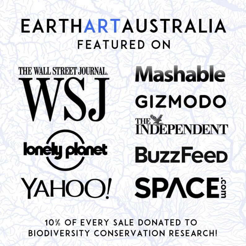 May include: A collage of logos from various publications, including The Wall Street Journal, Mashable, Gizmodo, The Independent, Lonely Planet, BuzzFeed, Yahoo!, and Space.com. The text "EARTHARTAUSTRALIA FEATURED ON" appears at the top of the image. The text "10% OF EVERY SALE DONATED TO BIODIVERSITY CONSERVATION RESEARCH!" appears at the bottom of the image.