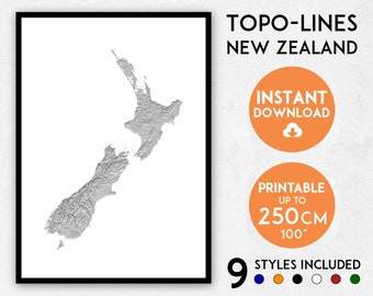 Topo-lines  New Zealand map print, NZ map, NZ print, New Zealand print, New Zealand map, New Zealand poster, New Zealand wall art