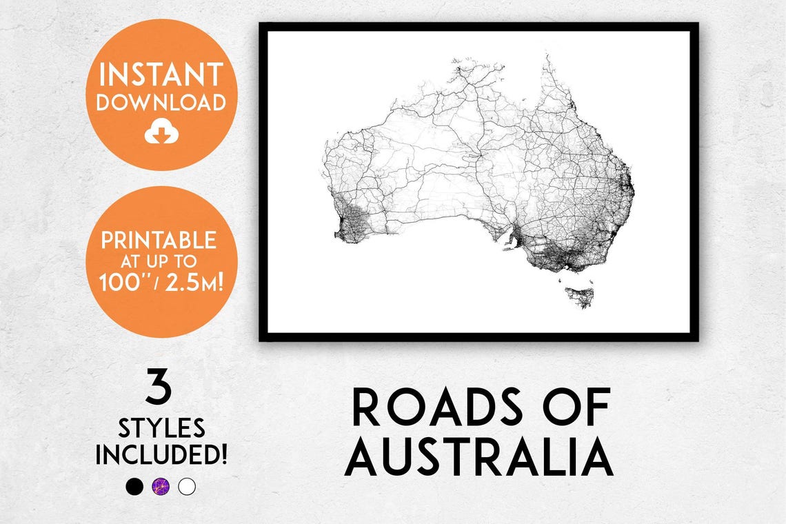 Roads of Australia Map Print Printable Australia Map Art | Etsy