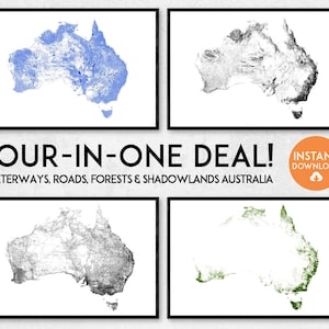Four-in-one! Waterways, Roads, Forests & Shadowlands Australia map art | Printable Australia map print, Australia poster, Australia print