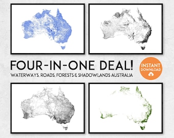 Australia Map Art Print Set: Waterways, Roads, Forests, Shadowlands (Digital Download)