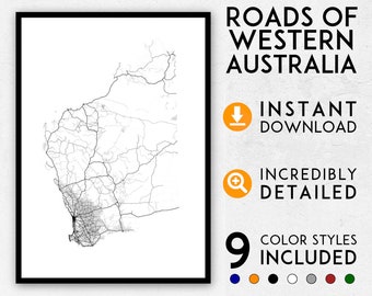 Impresión de mapa de Australia Occidental: Carreteras detalladas de WA (descarga digital)