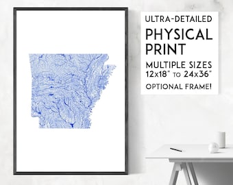 May include: A blue and white print of the state of Arkansas with all the rivers and streams in the state. The print is framed and ready to hang. The print is available in multiple sizes, from 12x18 inches to 24x36 inches.