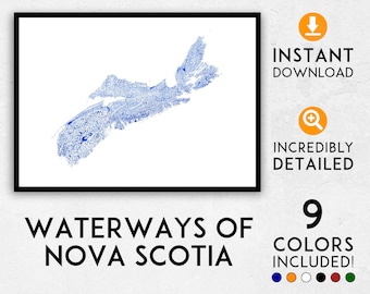 Könnte beinhalten: Eine detaillierte Karte in Blau und Weiß der Wasserwege von Nova Scotia. Die Karte ist auf weißem Papier gedruckt und enthält 9 Farben. Der Text "Waterways of Nova Scotia" ist unter der Karte gedruckt.