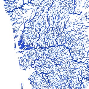 May include: A detailed map of a river system with many tributaries, drawn in blue ink on a white background.