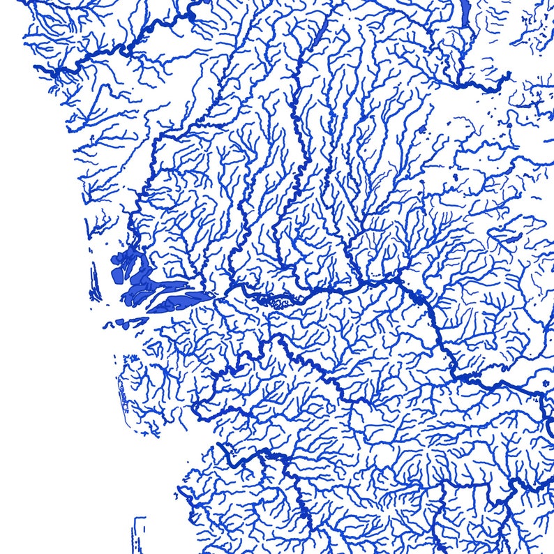 May include: A detailed map of a river system with many tributaries, drawn in blue ink on a white background.