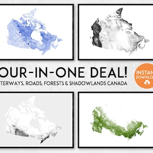 ¡Cuatro en uno! Vías navegables, carreteras, bosques y tierras sombrías Canadá mapa arte / Impresión de mapa de Canadá imprimible, arte de Canadá, cartel de Canadá, arte de la pared de Canadá