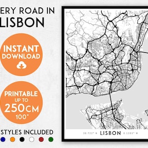 Lisbon map print, Printable Lisbon map art, Lisbon print, Lisboa Portugal map, Lisbon art, Lisbon poster, Lisbon wall art, Portugal print