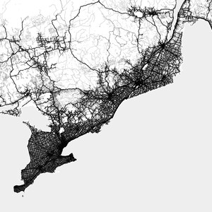 May include: A black and white map of a city with a dense network of roads and highways. The map shows the city's infrastructure and transportation system.