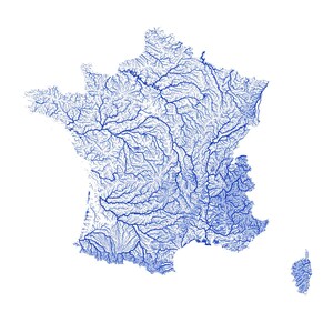 May include: A detailed blue and white map of France, showcasing the country's intricate river systems. The map is a graphic representation of the French landscape, with a focus on the waterways. The blue lines contrast against the white background.