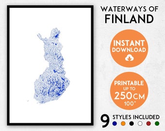 Wydruk mapy Finlandii: Szczegółowa grafika rzek i jezior (pobranie cyfrowe)