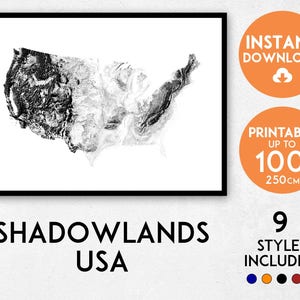 Shadowlands USA map print, Printable USA map art, USA print, America map print, America art map, America wall art, United States map art image 1