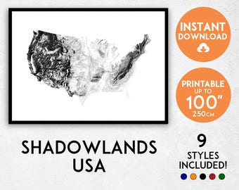 Shadowlands USA map print, Printable USA map art, USA print, America map print, America art map, America wall art, United States map art