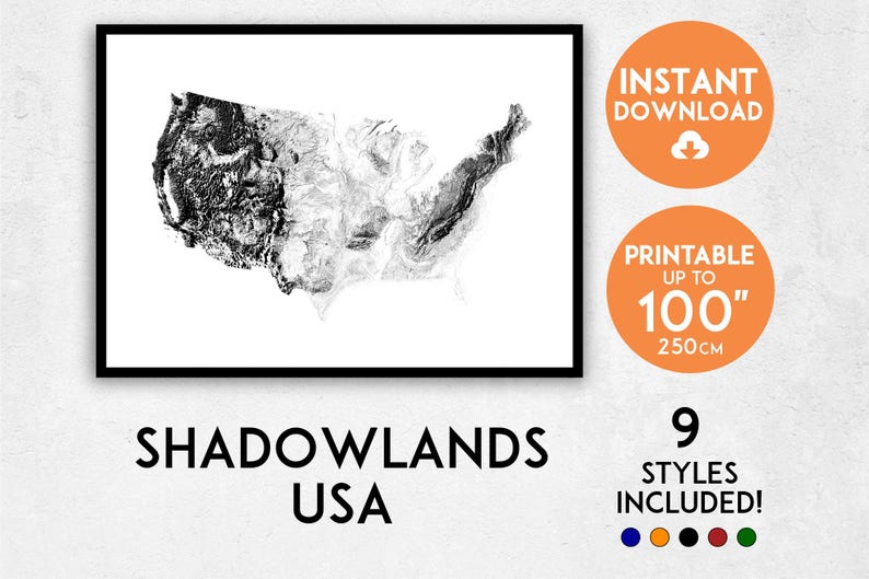 Shadowlands USA map print, Printable USA map art, USA print, America map print, America art map, America wall art, United States map art image 1