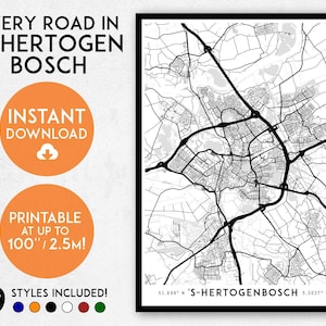 Impression de carte de Den Bosch, art de la carte imprimable des Pays-Bas, impression de 's-Hertogenbosch, art de 's-Hertogenbosch, affiche de 's-Hertogenbosch, carte de la Hollande