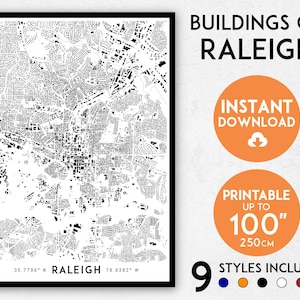 Buildings of Raleigh map print, Raleigh print, North Carolina map, Raleigh poster, Raleigh wall art, Map of Raleigh, Raleigh art print