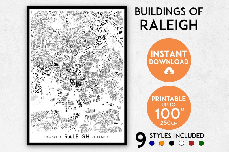 Buildings of Raleigh map print, Raleigh print, North Carolina map, Raleigh poster, Raleigh wall art, Map of Raleigh, Raleigh art print image 1