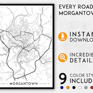 Morgantown map print, Morgantown print, Morgantown city map, Morgantown poster, Morgantown wall art, Map of Morgantown, Morgantown art print