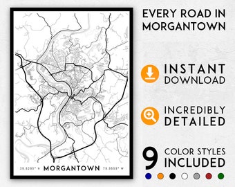 Morgantown map print, Morgantown print, Morgantown city map, Morgantown poster, Morgantown wall art, Map of Morgantown, Morgantown art print