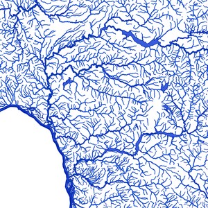 May include: A detailed blue line drawing of a river system on a white background. The lines are thin and intricate, showing the many tributaries and branches of the river.