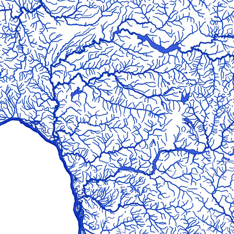 May include: A detailed blue line drawing of a river system on a white background. The lines are thin and intricate, showing the many tributaries and branches of the river.