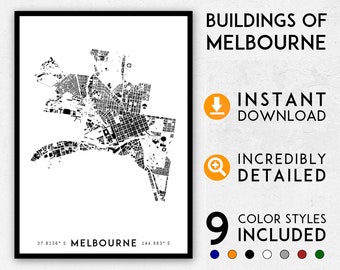 May include: A black and white map of Melbourne, Australia, showing the city's buildings. The map is framed in a white border with the text "BUILDINGS OF MELBOURNE" and "37.8136° S MELBOURNE 144.963° E" at the bottom. The map is accompanied by a download icon, a magnifying glass icon, and a number 9 with the text "COLOR STYLES INCLUDED" and a row of colored circles.