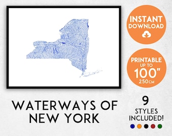 New York Waterways Map Art Print: Detailed NY State (Digital Download)