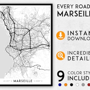 Marseille Karte Druck, Marseille Karte, Karte von Marseille, Karte von Marseille, Stadtplan Marseille, Frankreich, Marseille Poster, Marseille Wandkunst
